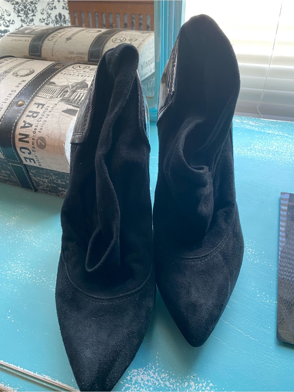 L.A.M.B. Black Pointed-Toe Suede Ankle Boots